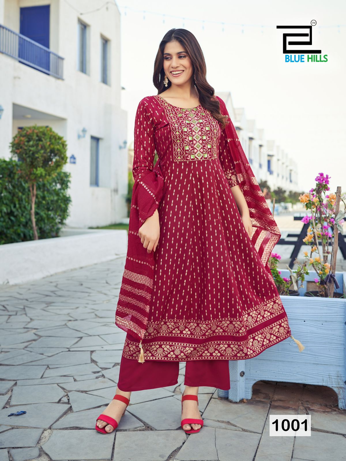 Muskan By Blue Hills Rayon Foil Printed Embroidery Kurti With Bottom Dupatta Wholesale Online